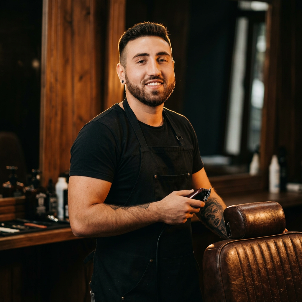 Alex, frizer în Băicoi-Tufeni, lângă scaunul de frizerie