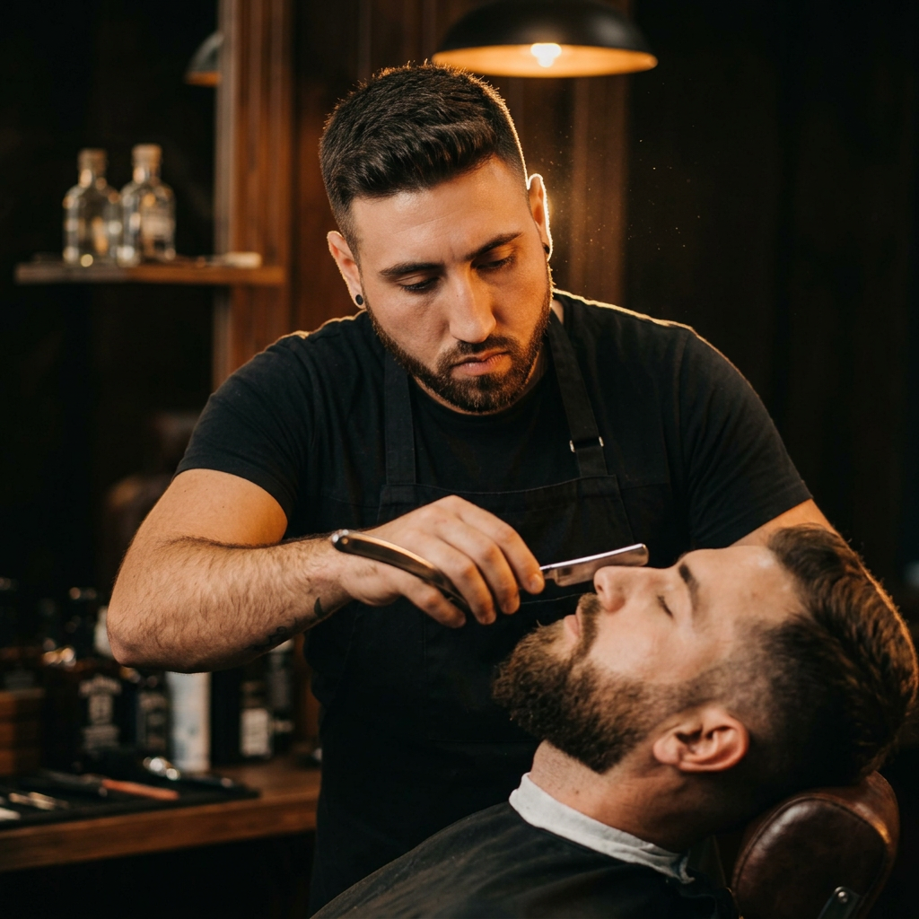 Alex conturează barba unui client cu briciul